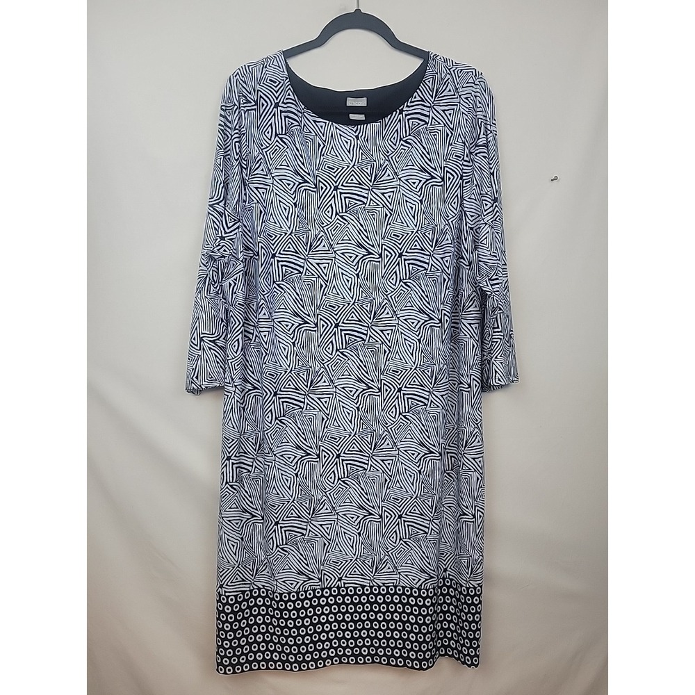 Chico's 3 Dress Women XL 16/18 Midi Shift Black White Print 3/4 Sleeve Lined